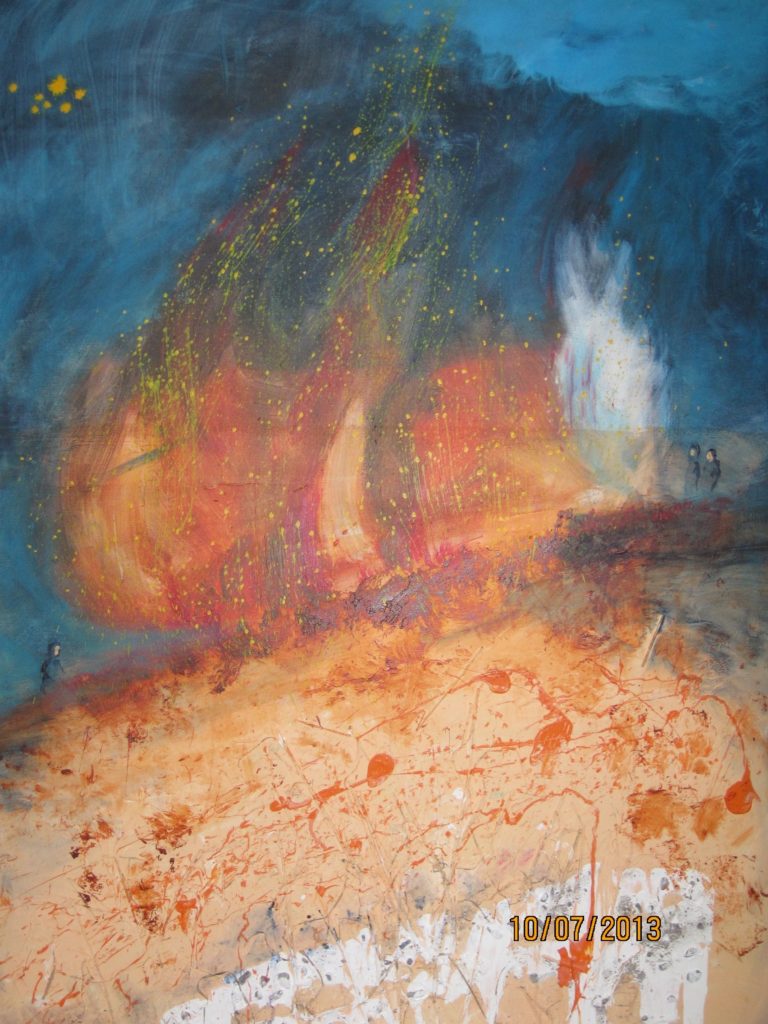 Muinastulien yö. Koko 160x120 cm. Akvarelli kankaalle