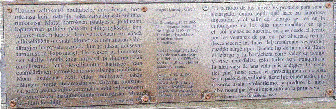 Placa dedicada a Ángel Ganivet en un banco de Kaivopuisto, Helsinki